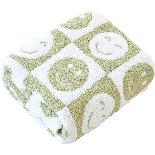 Ultra Soft Cozy Happy Smiling Face Checkered Knitted Baby Blanket Fluffy Microfiber Checkerboard Bed Blanket Lightweight Both Sides Blanket for Couch Sofa Bed (Smile Green, Baby 30"x40")
