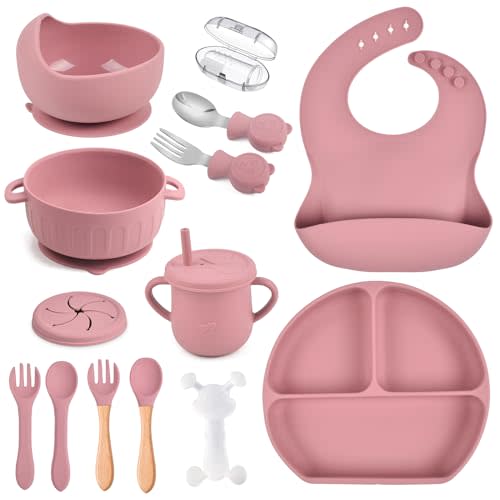 Silicone Baby Feeding Set 15 Pcs,Baby Spoons Suction Bowl Divided Plate Bib Cup Finger Brush Teething Teether,Baby Led Weaning Supplies,Baby & Toddler Silicone Plates and Bowls Dining Set(pink)