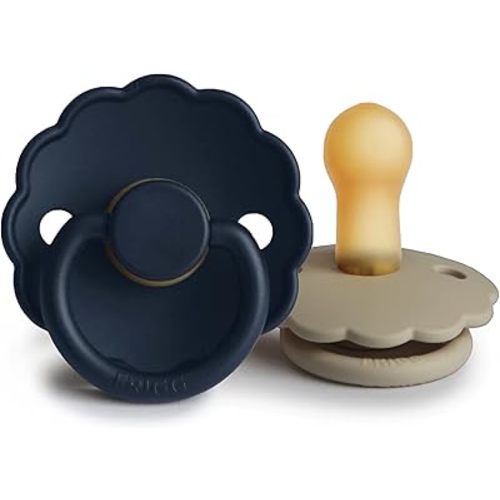 FRIGG Daisy Natural Rubber Baby Pacifier | Made in Denmark | BPA-Free (Dark Navy/Sandstone, 6-18 Months) 2-Pack