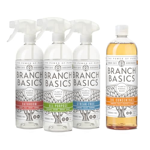 Branch Basics Cleaning Essentials Kit: All Purpose Spray, Glass Cleaner, and Bathroom Cleaner - Concentrate (33.8 Oz) + Plastic Spray Bottles for Cleaning (24 Oz) Non-Toxic, Fragrance-Free