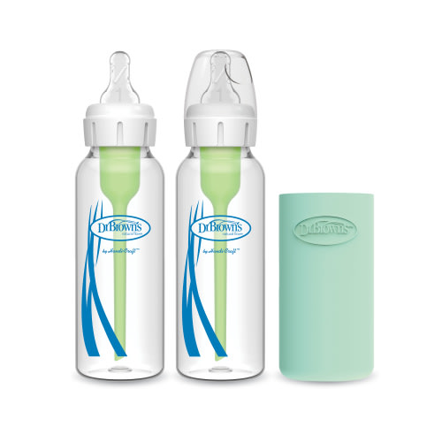 Dr. Brown’s Natural Flow® Anti-Colic Options+™ Narrow Glass Baby Bottle, 8oz/250 ml, Level 1 Slow Flow Nipple, 2-Pack, 0m+, with Mint Silicone Sleeve