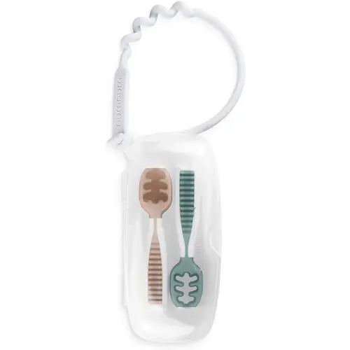 NumNum GOOtensil Pre-Spoons + Travel Case | Baby Spoon Set (Stage 1 + Stage 2) | BPA Free Silicone Self Feeding Toddler Utensils | For Kids Ages 6 Months+, 1-Pack, 2 Spoons, Beige/Green