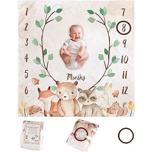Monthly Baby Milestone Blanket,47"x47" Premium Fleece Baby Monthly Milestone Blanket for Baby Boy or Girl with Felt Marker,Baby Age Milestone Blanket (Woodland Animals)