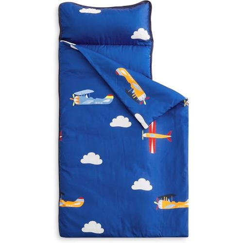Wake In Cloud - Nap Mat with Removable Pillow for Kids Toddler Boys Girls Daycare Preschool Kindergarten Sleeping Bag, Aircrafts Airplanes Clouds Sky Printed on Blue, 100% Soft Microfiber