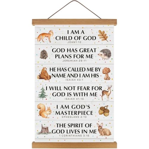 KAIRNE God’s Rules Bible Verses Wall Art,Scripture Art Print with Wood Magnetic Hanger,Christian Wall Hanging Jesus Poster(35X56CM) Religious Gifts for Kids,Woodland Animals Canvas Classroom Decor