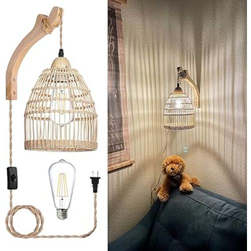 Frideko Rattan Plug in Wall Sconces Wicker Wall Lamp with Plug in Cord Hand Woven Rattan Wall Light Farmhouse Wall Sconce Wall Mounted Light Boho Sconces Wall Lighting for Living Room Bedroom