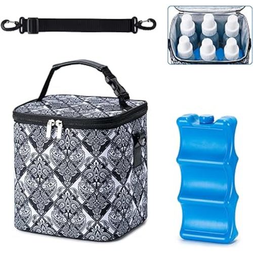 Breastmilk Cooler Bag with Ice Pack Fits 6 Baby Bottles Up to 9 Ounce, Baby Bottle Bag with Shoulder Strap for Nursing Mom Daycare, Black