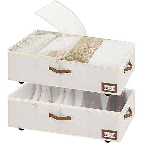 StorageWorks Under Bed Storage with Wheels, 10" Underbed Storage Containers with Lid, 90L Clothes Organizer for Blankets, Sweaters, Bedding, 2-Pack, Beige