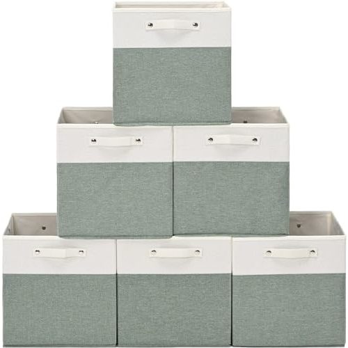 13 x 13 Inch Fine Linen Storage Bins with Handles,Fabric Cube Boxs,Collapsible Basket Organizers for Shelves for Home, Closet Drawers (White/Green-6 Pack)