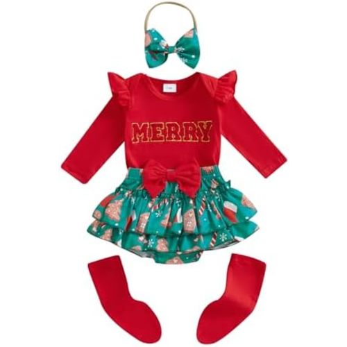 FYBITBO Conjunto de ropa de Navidad para bebé recién nacida, con volantes, falda a cuadros, vestido de Navidad