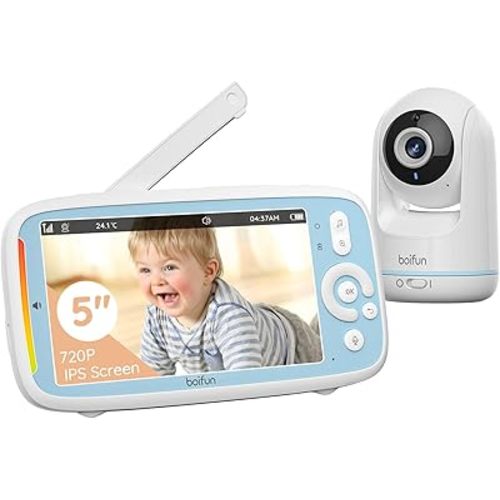 360 View Baby Monitor, No Wi-Fi, Quick Pairing, BOIFUN 5'' 3X Zoom Display, Rotatable Video Baby Monitor Cameras, IPS 720p Wireless (Moniteur Bébé), VOX