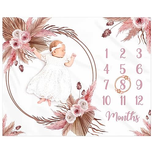 Gicoherero Floral Boho Baby Monthly Milestone Blanket Little Girl Bohemian Photo Prop Blanket Personalized Bliss Baby Present Pampas Grass Ideas for Newborn Princess Pinkk Nursery Décor 40" X 50"