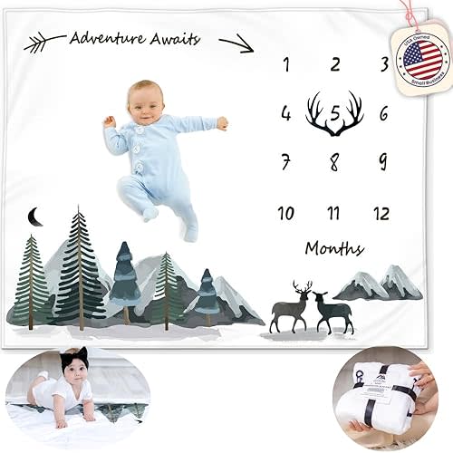 Milestone Blanket for Baby Boy, Monthly Baby Milestone Blanket, Growth Blanket for Boy, Adventure Mountain Month Blanket Woodland Nursery, Baby Shower Baby Includes Felt Frame, 50x40