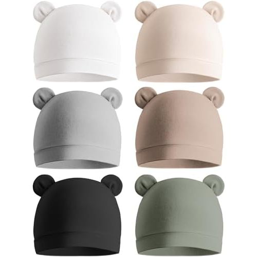 Konssy 6-Pack Baby Newborn Hats with Bear Ears Baby Beanie Hats - Soft Caps for Infant Boys & Girls, 0-3 Months