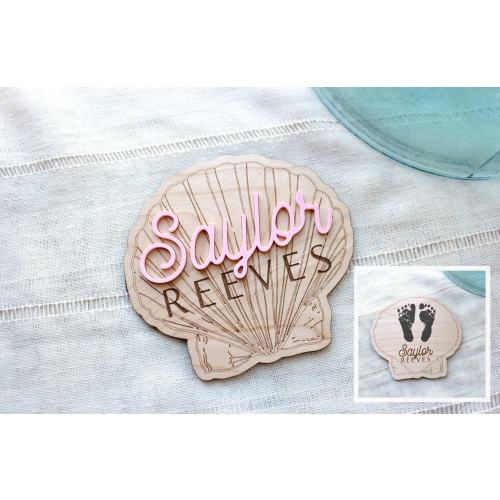 Personalized Beachy Baby Announcement Sign for Footprint Imprint | Boho Seashell Clam Wood Sign for Name Reveal | Hospital Room Decor
