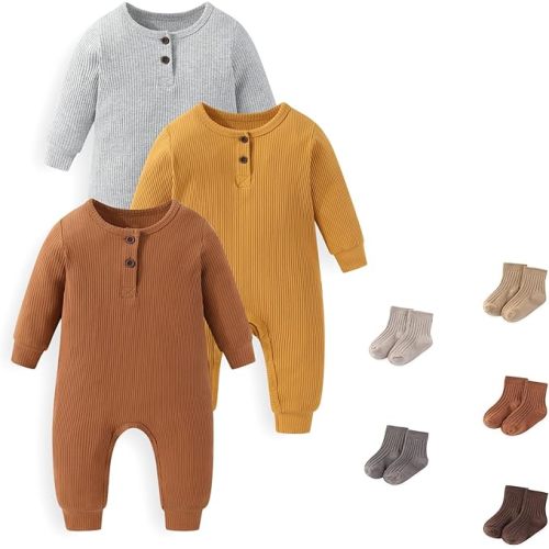 Unisex Long Sleeve Baby Romper And Sock Solid infant Boy Girl Jumpsuits 0-24Months New Born Outfits
