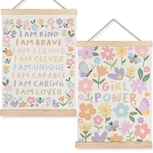 URLLUAE Girls Nursery Wall Decor, Colorful Flower Girly Wall Art With Wooden Poster Hanger, Pastel Floral Inspirational Canvas Prints Posters for Girls Room Nursery Playroom, 12x16 Inch Set of 2