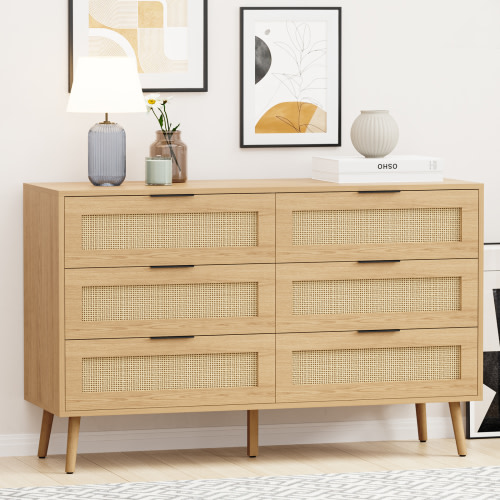 REHOOPEX Natural Rattan Dresser for Bedroom with 6 Drawer, Sturdy Wood Dressers & Chests for Home