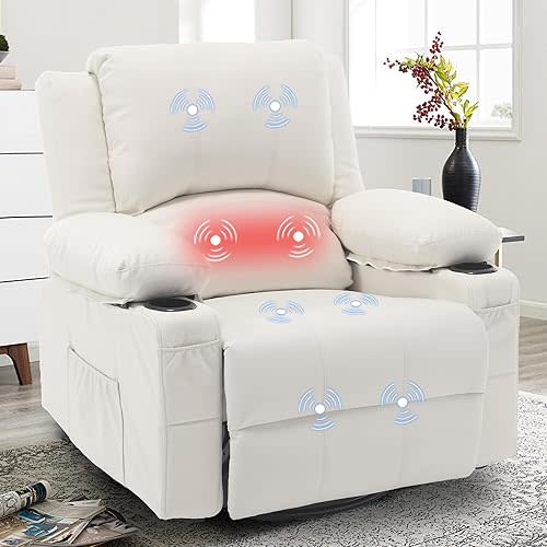 Massage Swivel Rocker Recliner with Heat, Overstuffed Faux Leather Recliners Modern Chair for Living Room, Single Sofa Rocking Chairs for Adults, Manual Rocker Recliner with Cup Holders, White