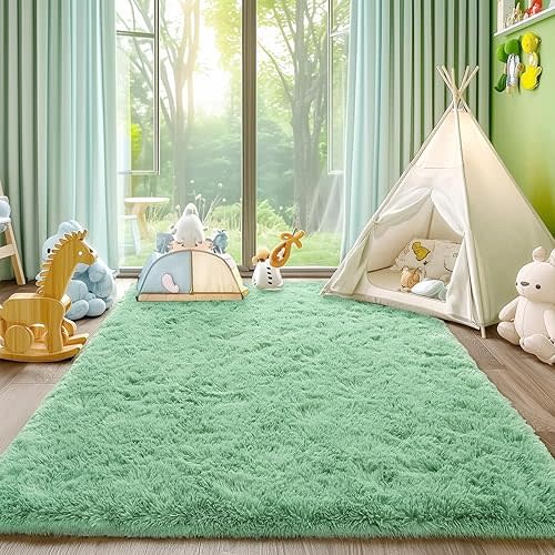 Rezutan Fluffy Rug for Living Room Bedroom, Soft Modern Shaggy Fuzzy Kids Rug Plush Indoor Nursery Home Decor Bedside with Non-Slip Bottom for Living Room, Sage Green, 4 X 6 Feet