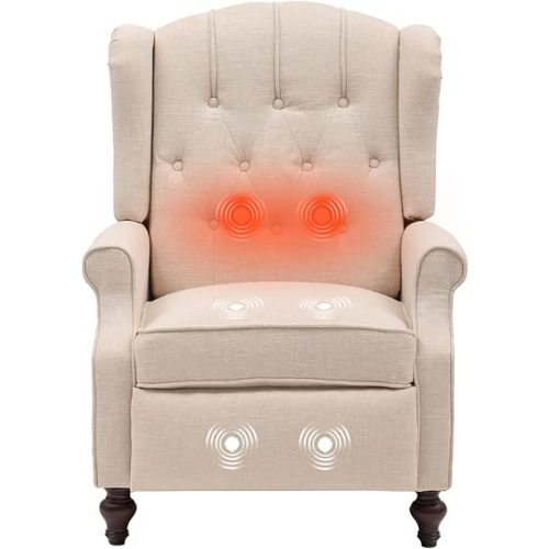 IPKIG Wingback Pushback Recliner Chair - Mid Century Recliner Armchair with Massage and Heat, Rivet Decoration, Button-Tufted Back, Solid Wood Legs for Living Room, Bedroom, Office(Beige)