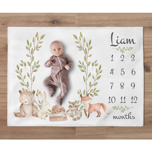 Bear Milestone Blanket, Custom Woodland Blanket, Personalized Forest Animals Baby Boy Month Blanket, Newborn Gift, Woodland Baby Shower Gift