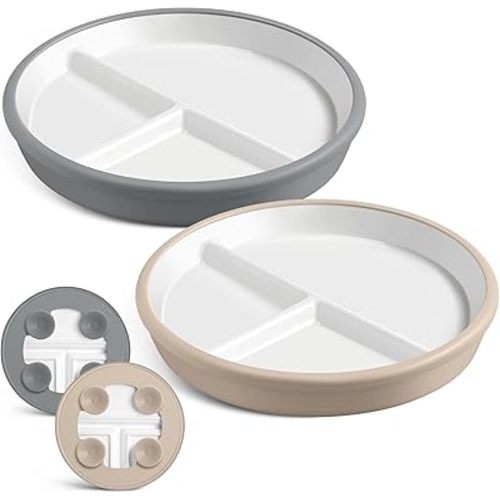 Domensi 8" Porcelain Kids Plates with Anti-slip Silicone Sleeve White Divided Porcelain Plates with Suction for Toddler Microwave Dishwasher Friendly(Gray, Beige,2 Pcs)
