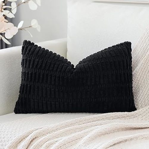 OTOSTAR Corduroy Decorative Throw Pillow Covers 12x20 Inch Rectangle Pillow Covers Cushion Covers, Black Super Soft, Boho Striped, Modern, for Sofa Couch Bedroom Car Decor