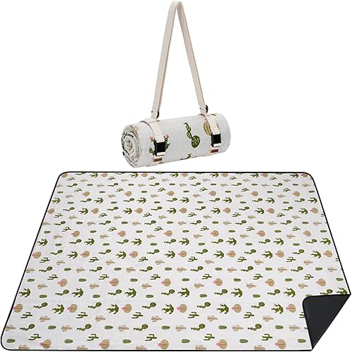 Picnic Blankets Washable | Beach Mat Sand Free Waterproof | Camping Blankets | Emergency Blankets | Picnic Baskets Accessories with Waterproof Backing and Shoulder Strap - Cactus