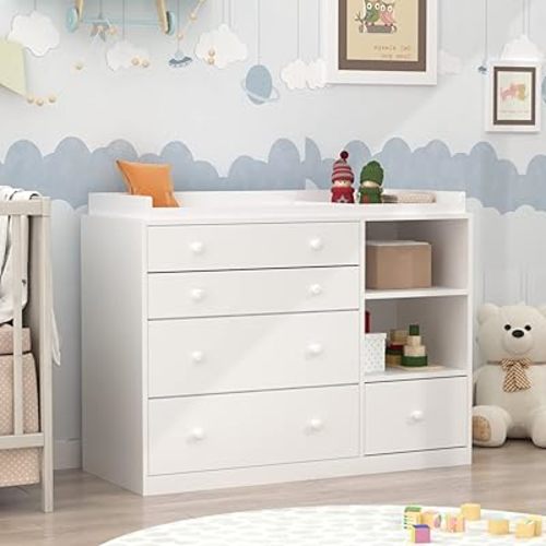 ECACAD Modern Nursery Dresser Chest with 5 Drawers, 2 Open Shelves & Guard Table Top, 47.2”W Wood Dresser Storage Chest of Drawers for Bedroom, White