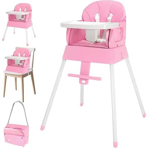 BOSEDSANG 4-in-1 Baby High Chair, Convertible Highchair for Babies and Toddlers, Portable High Chair with Foldable Design, Booster Seat for Kitchen, Dining & Outdoor Use, Easy to Clean & Storage(Pink)