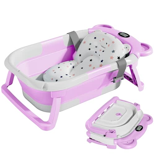 TPN Collapsible Baby Bathtub for Infants to Toddler with Real-time Temp Monitor+Floating Cushion,Foldable Baby Bath Tub Set Applicable 0-36 Month,Perfect Portable Travel Baby Tub for Newborns Boy