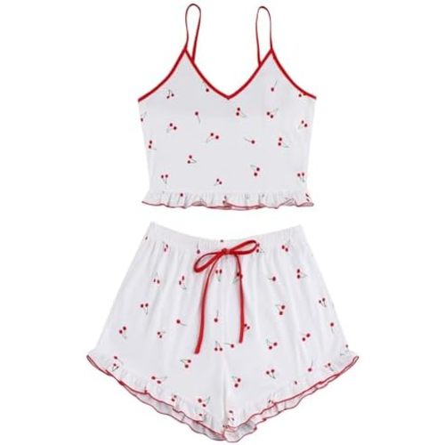 Avanova Women Sexy 2 Piece Pajama Set Ruffle Trim Cami Top and Shorts Sleepwear Set