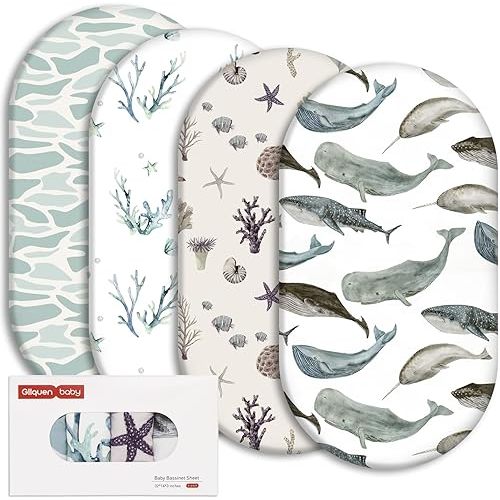 Gllquen Baby Bassinet Sheets 4 Pack, Breathable Cozy Fitted Mattress Sheet, Elastic Travel Crib Fashionable Floral Pattern, Standard Cradle Safe Sheets for Baby Boy Girls 32"X16" (Marine)