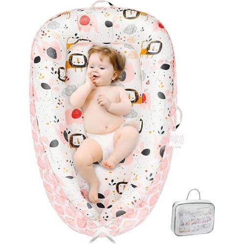 Baby Lounger - Infant Lounger for Newborn 0-24 Months, Pure Cotton Breathable Baby Nest Cover, Newborn Essentials for Baby Boys&Girls, Portable Baby Bed for Home and Travel(Zoo)