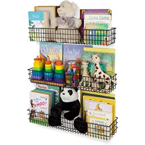 Wall35 Kansas Wall Mounted Black Bookshelf for Kids' Room Decor, Metal Wire Storage Basket Set of 3 (Varying Sizes)