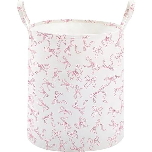 TECHMILLY Large Storage Basket for Girls and Boys, Collapsible Laundry Hamper with Long Handles, Toy Bins for Nursery, Kids Room Décor (Bowknot)