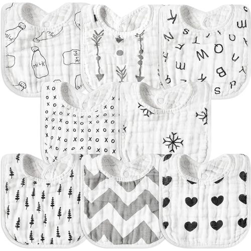GROBRO7 8Pcs Muslin Baby Bibs Soft Cotton Adjustable Snap Drool Bib Absorbent Breathable Feeding Bibs for Teething Drooling - Black & White Geometric Patterns