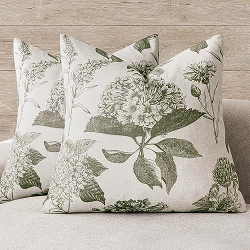 Foindtower Set of 2 Linen Floral Throw Pillow Covers Vintage Accent Print Decorative Cushion Covers Farmhouse Boho Home Decor for Sofa Chair Couch Bedroom Living Room,20×20 Inch,Sage Green