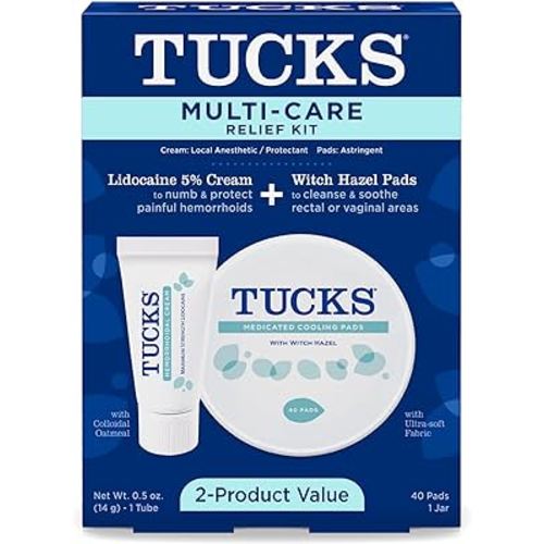 Tucks Multi-Care Relief Kit – 40 Count Witch Hazel Pads & 0.5 oz. Lidocaine Cream - Protects from Irritation, Hemorrhoid Treatment Medicated Pads Used by Hospitals