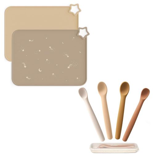 Moonkie Baby Mealtime Essentials Bundle | Silicone Placemats & Baby Spoons Set | Non-Slip Stain-Resistant Food Mats (2 Pack) & 4 Bendable First Stage Feeding Spoons with Case | BPA-Free, Chewproof & P