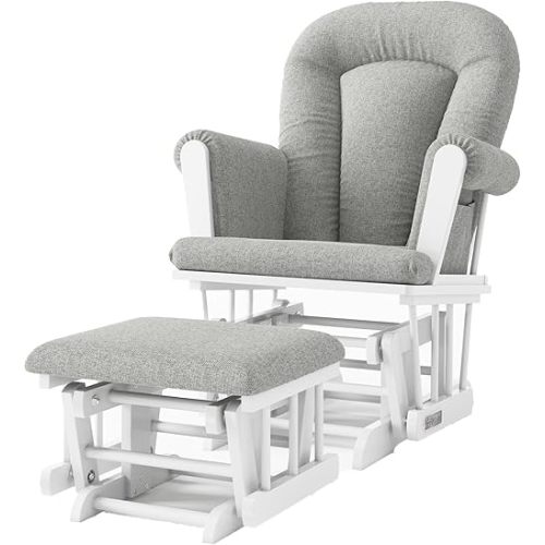 Child Craft Cozy Glider Rocker and Ottoman Set, Padded Cushion with Convenient Storage Pockets, Solid Wood Base & Frame (Matte White with Gray Cushion)