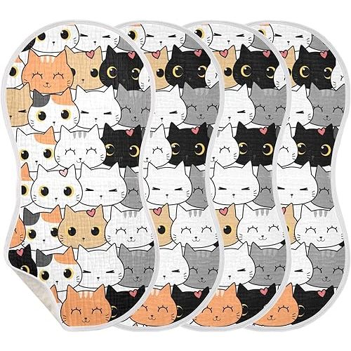 Muslin Burp Cloths for Baby Boys and Girls - 4-Pack Ultra Absorbent Cute Cat Muslin Washcloths, Newborn Towel, Milk Spit Up Rags, Burp Cloth Bib for Unisex, 22 x 11 Inch
