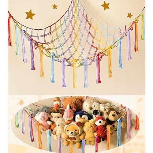 Stuffed Animal Hammock Corner Storage Net Cute Preppy Trendy Stuff Gifts for Teen Girls Baby Room Wall Nursery Decor Rainbow Color Colorful Unicorn Hanging Organizers XL Large