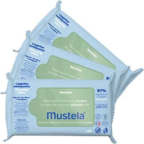 Mustela Baby Cleansing Wipes with Natural Avocado - For Face, Body & Diaper Area - Made with Compostable & Plastic Free Fibers - Lightly Scented - 20 or 60 ct. - 1, 3 or 6-Pack