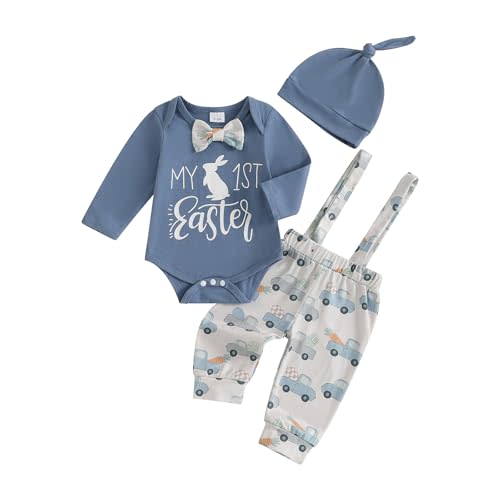 Newborn Baby Boy My 1st Easter Outfit Bunny Long Sleeve Romper Truck Suspender Pants Cute Hat 3Pcs Clothes Set
