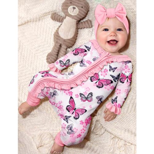 Infant Newborn Baby Girl Clothes Onesies for Baby Girl Long Sleeve Ruffle Baby Clothes with Headband Baby Clothes for Girls