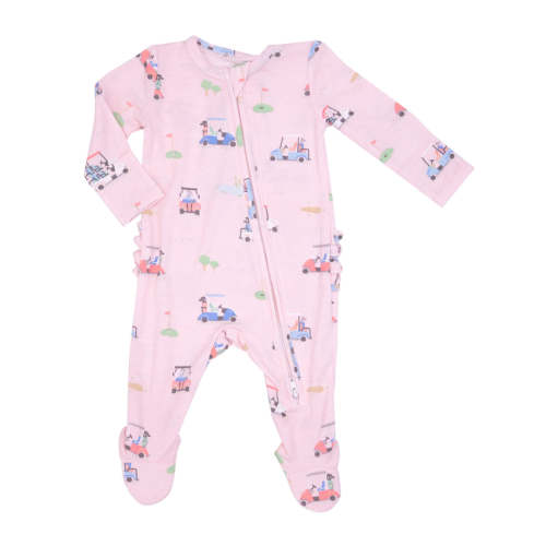 2-Way Zip Ruffle Footie, Golf Carts Pink