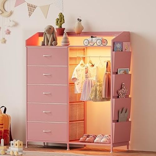 LUMTOK 2-in-1 Dresser with Hanging Racks,5 Fabric Drawers Dressers with LED Lights, Charging Station for Bedroom Living Room, Entryway, Closets (Pink)