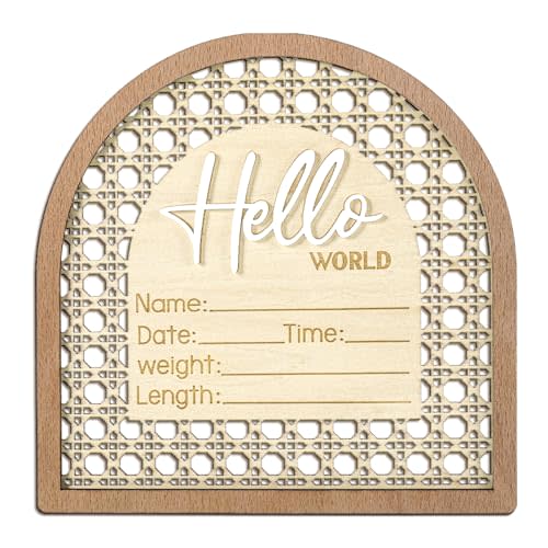 Josojoou Baby Announcement Sign, 5.5in Wooden Arched Baby Shower Welcome Sign, Hello World Newborn Welcome Signs Birth Name Tag, Can be Used for Photo Props, Nursery, Newborn Gift